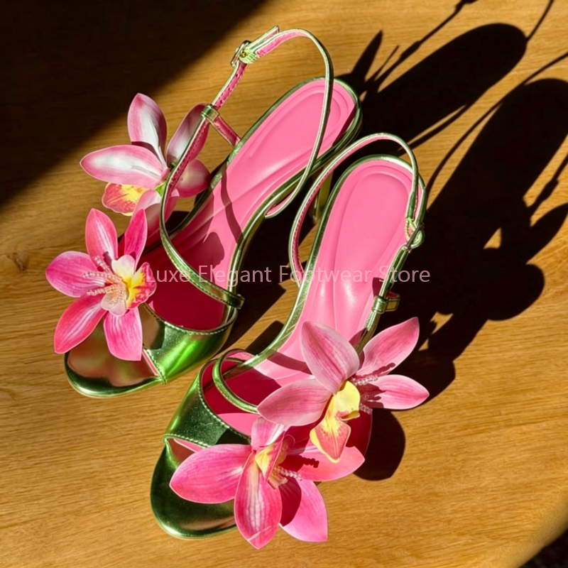 Strappy Heeled Sandals - Red Flower Decor Back Strap Hollow