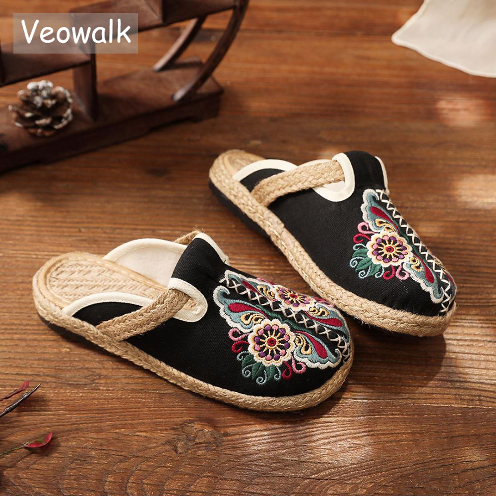 Women'S Shoes Vegan - Veowalk Women Casual Linen Handmade Embroidery