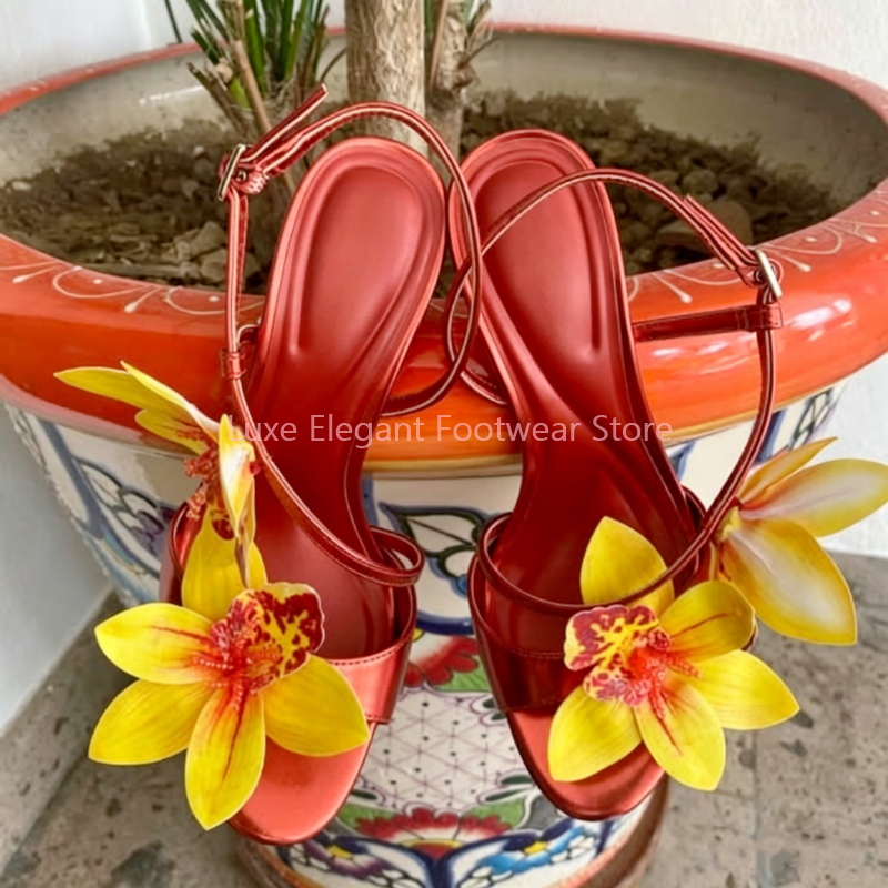 Red Flower Decor Back Strap Ho - Strappy Heeled Sandals ulasan dan harga