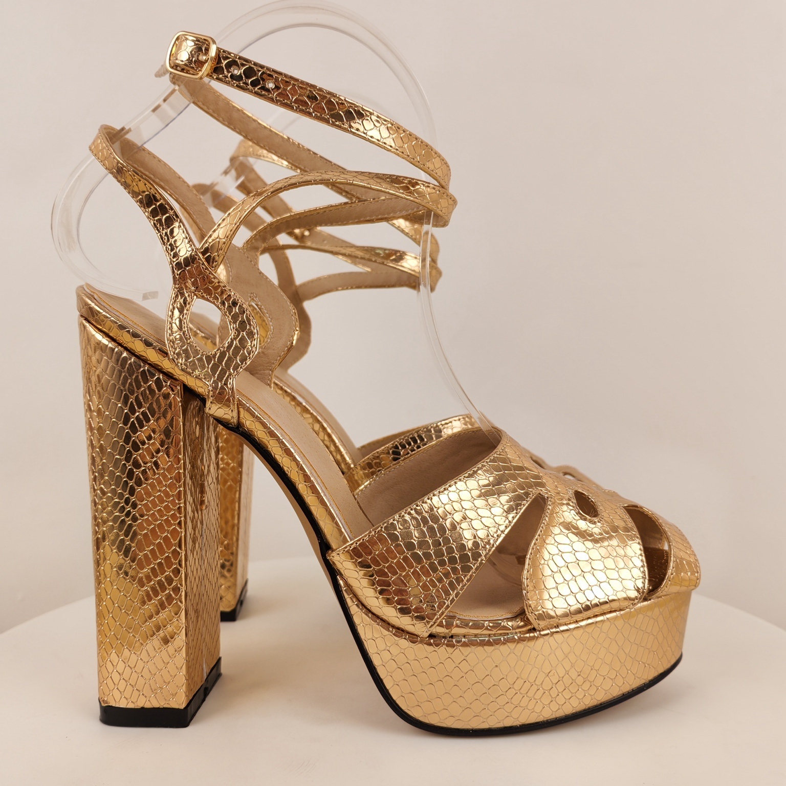 Women's Gold Snakeskin Print P - Metallic Heel Sandal ulasan dan harga