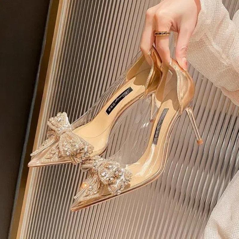 Fashion Design White Pearl Bow - Metallic Heel Sandal ulasan dan harga
