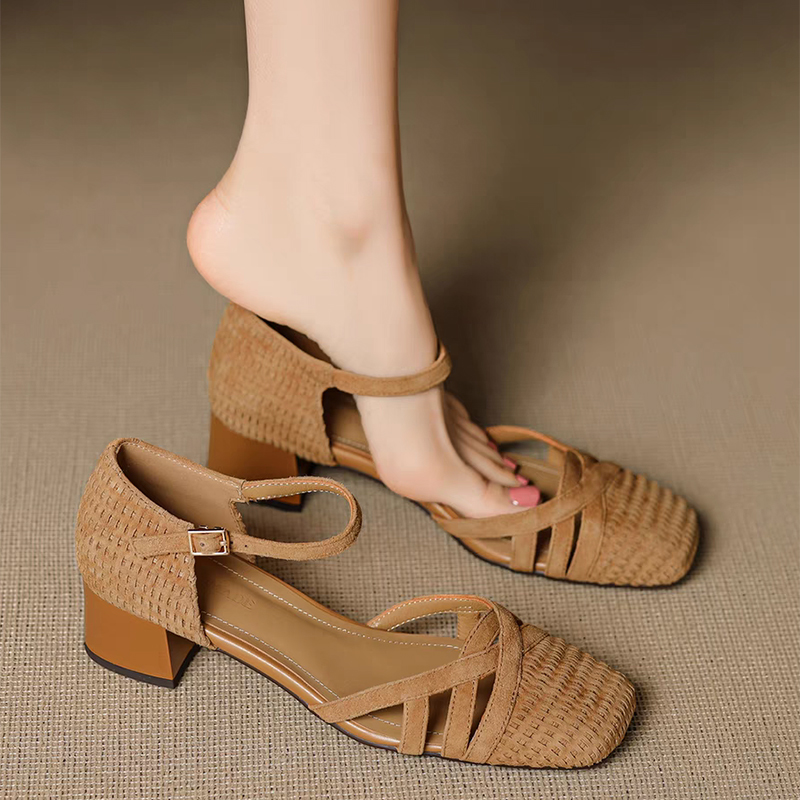 Retro Weave High Heel Sandals  - Square Toe Mule ulasan dan harga