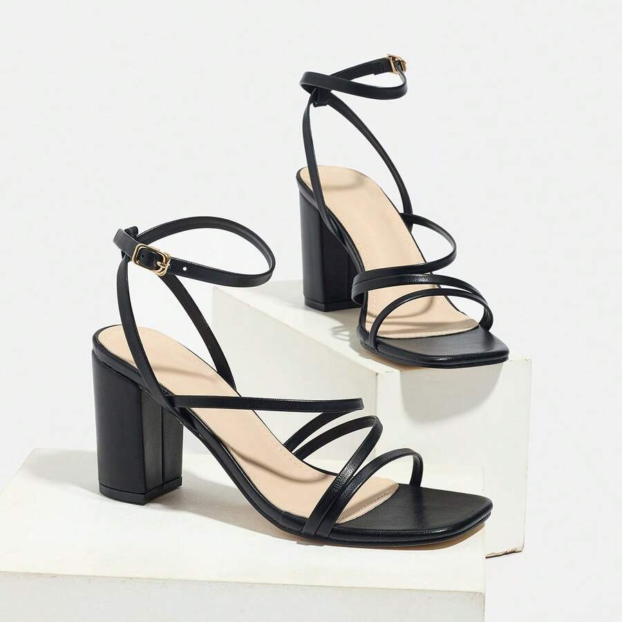 Black Strappy Square Toe Block - Strappy Heeled Sandals ulasan dan harga