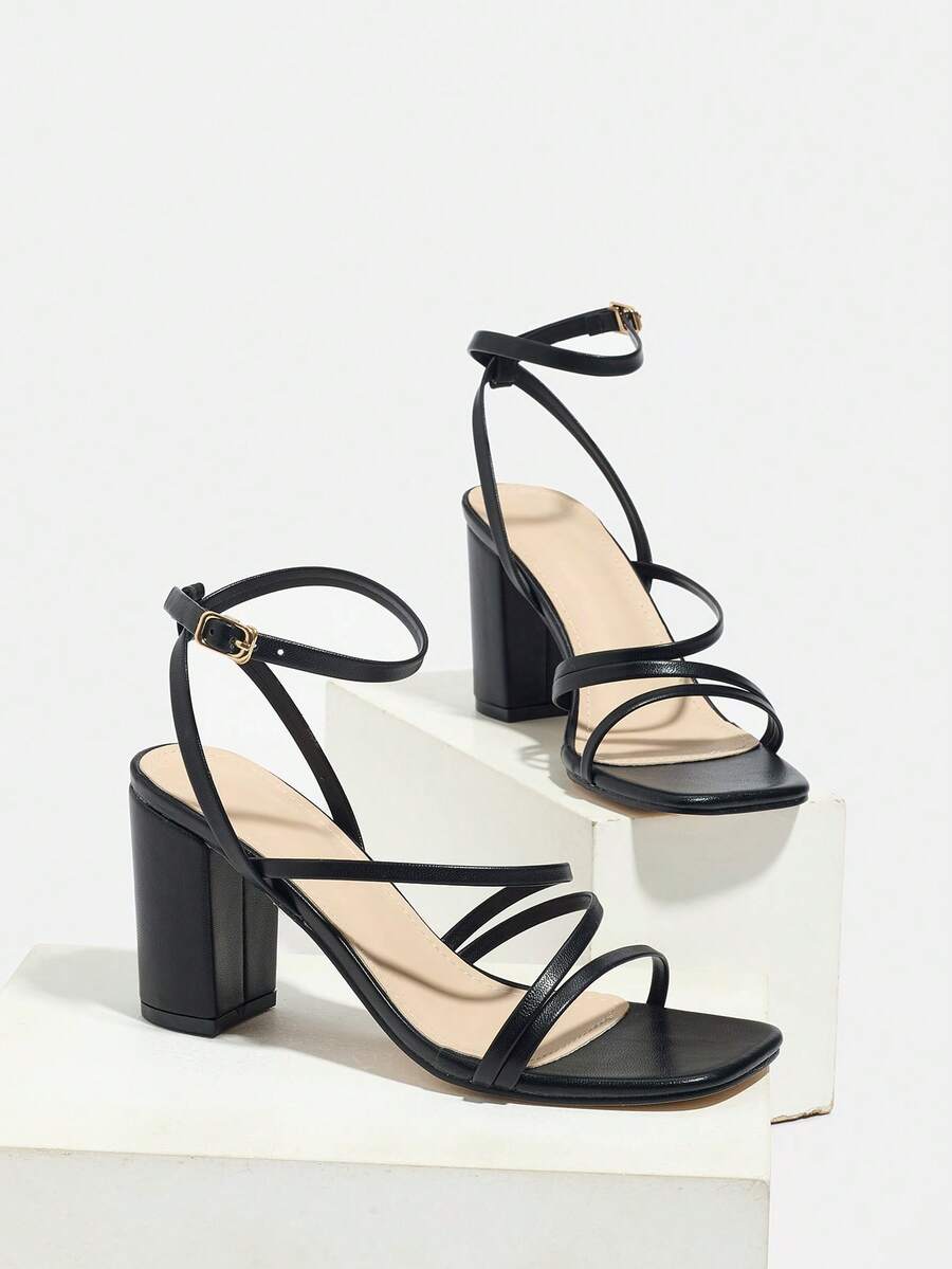 Black Strappy Square Toe Block - Strappy Heeled Sandals ulasan dan harga
